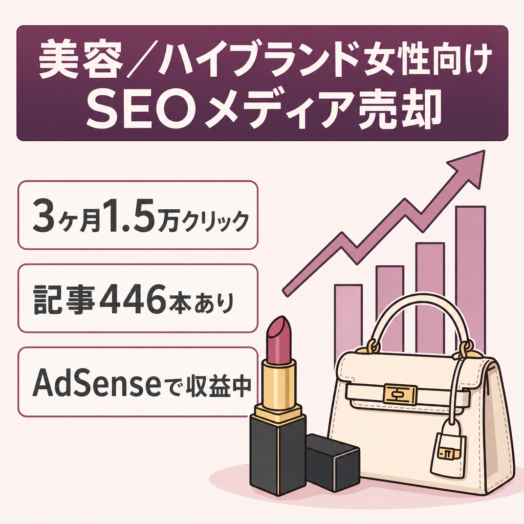 【美容・ハイブランド】女性向けSEOメディア｜446記事｜直近3ヶ月1.5万クリック｜AdSense収益継続