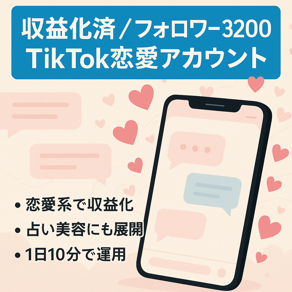 【収益化済】フォロワー3200人/属人性なし/TikTok恋愛アカウント/作成１日１０分!