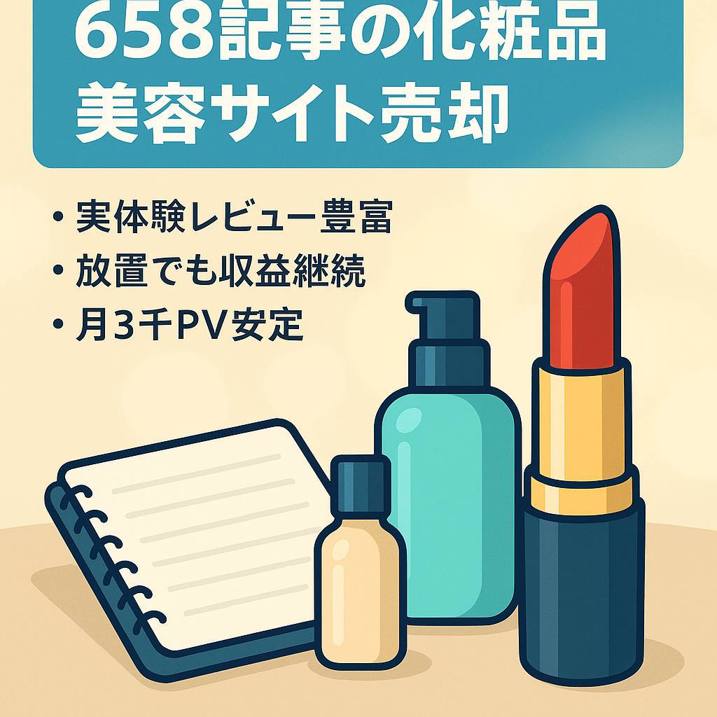 【658記事！約1年更新無しで毎月収益発生中！】化粧品コスメ等を中心とした美容サイト（実体験レビュー付き）
