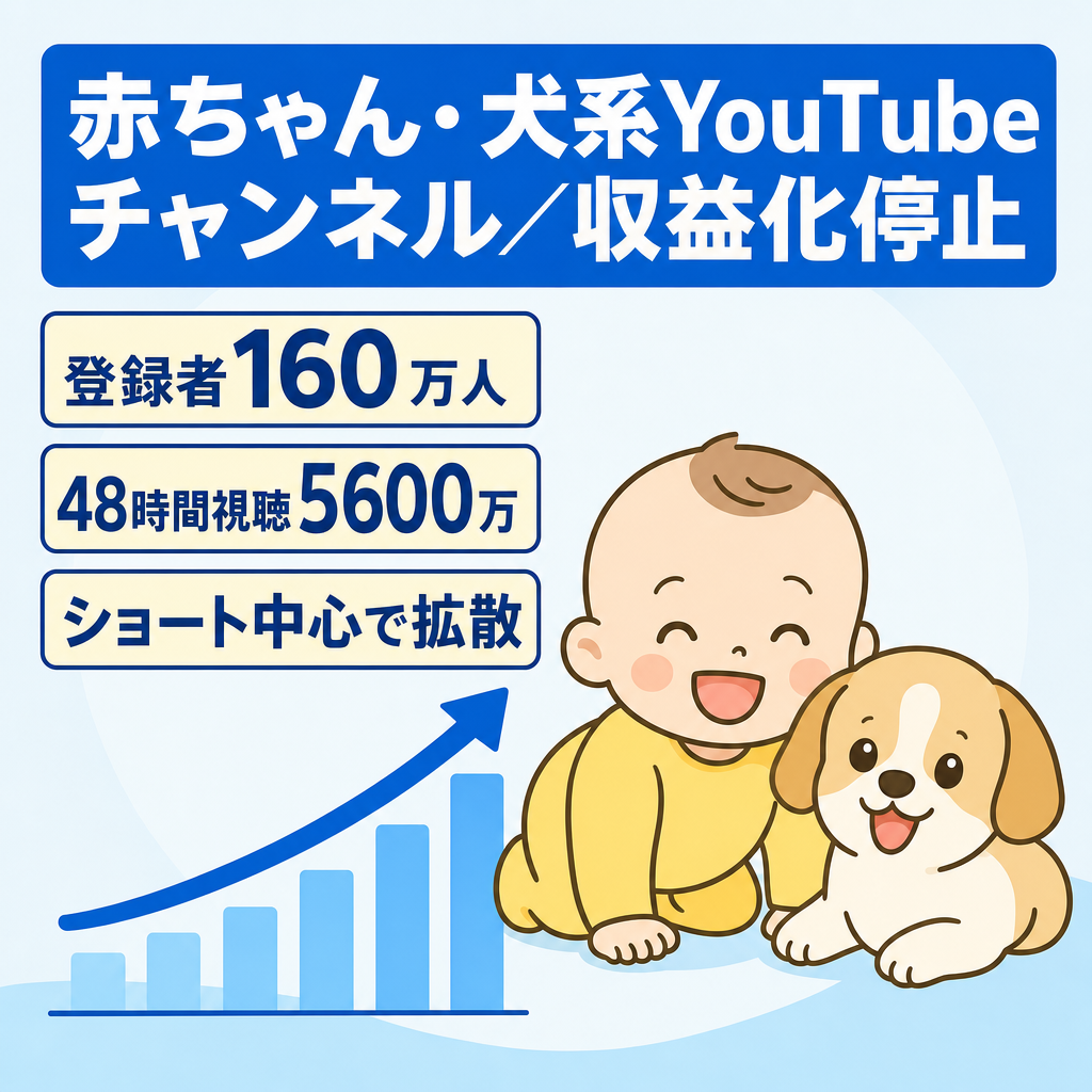 訳あり：【登録者160万人】赤ちゃんと犬のYouTubeチャンネル／48時間リアルタイム視聴5600万・月間2.2億再生実績あり＊訳あり　収益化停止