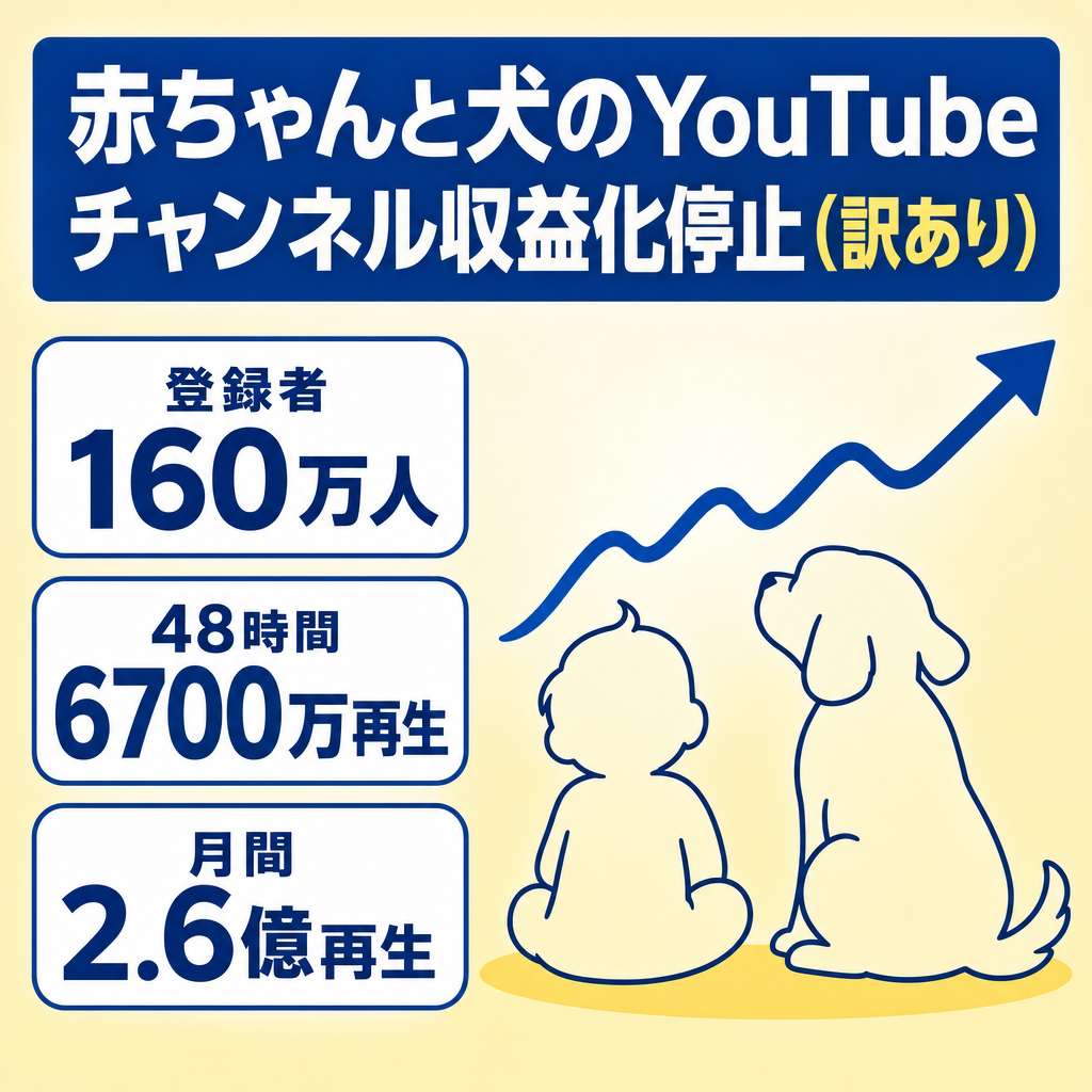 訳あり：【登録者160万人】赤ちゃんと犬のYouTubeチャンネル／48時間リアルタイム視聴6700万再生・月間2.6億再生実績あり＊訳あり　収益化停止
