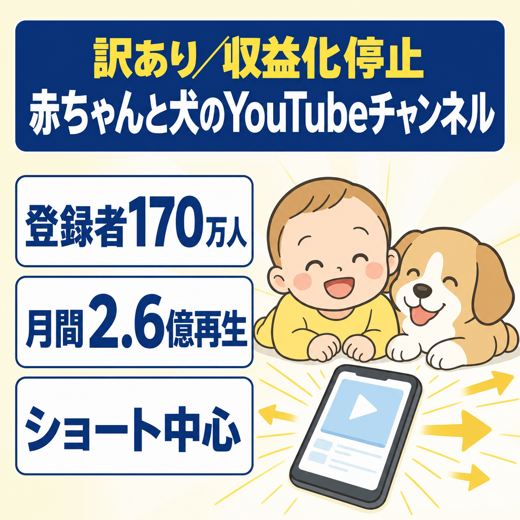 訳あり：【登録者170万人】赤ちゃんと犬のYouTubeチャンネル／48時間リアルタイム視聴6700万再生・月間2.6億再生実績あり＊訳あり　収益化停止