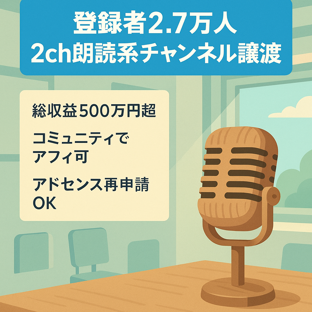 【訳あり価格】登録者2.7万人以上！2ch朗読系チャンネルの譲渡【価格交渉OK】