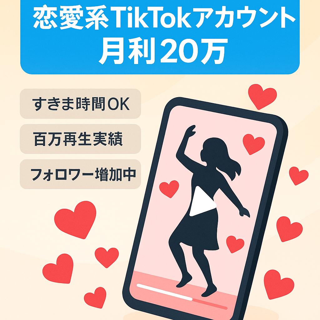 【TikTok再生回数収益月利２０万】１００万再生以上多数、誰でも隙間時間で運用可能（恋愛系）