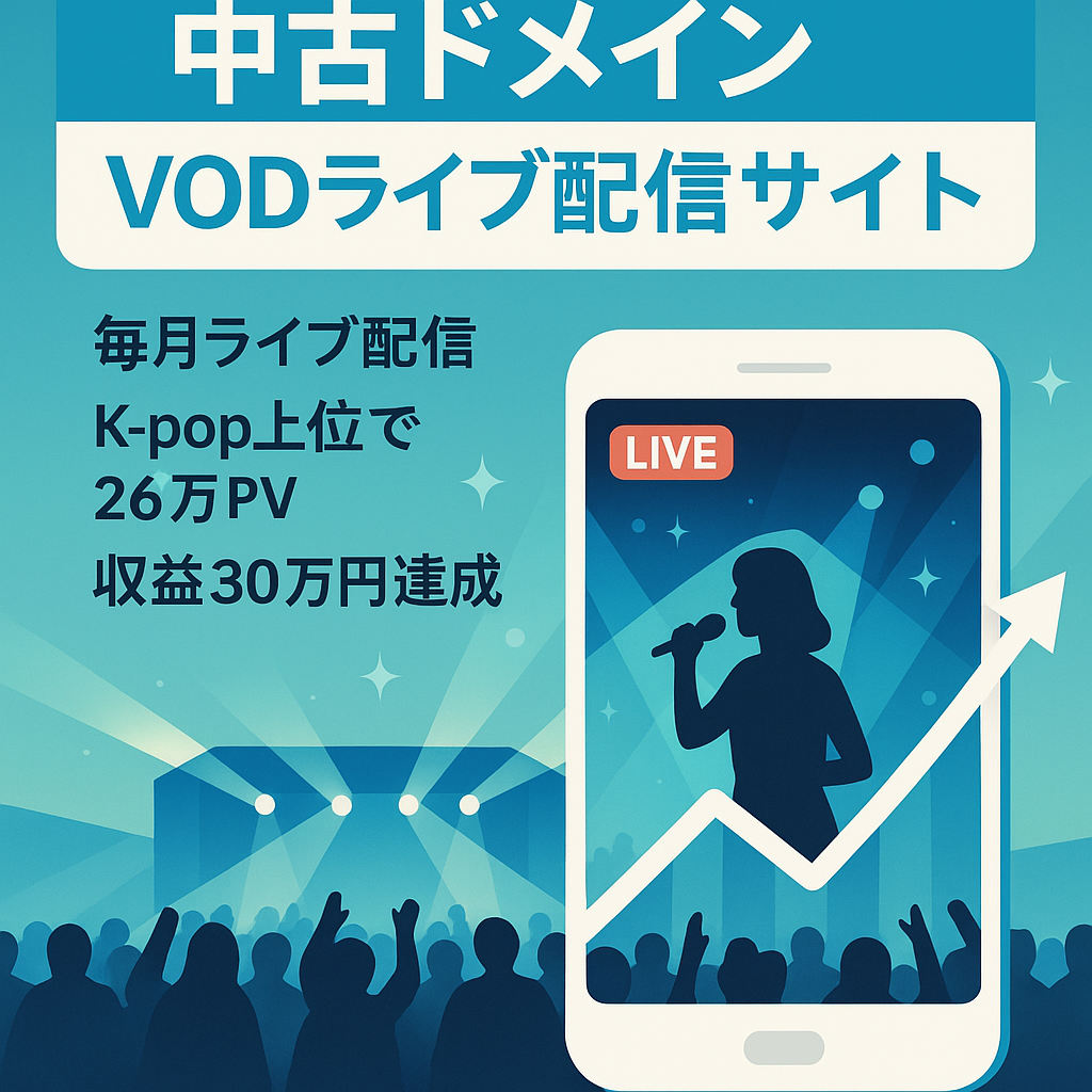 【VODライブ配信サイト】(DR24/UR27の中古ドメイン使用/直近7月 26万PVでアクセス右肩上がり&確定収益30万円！K-popアイドルで上位表示多数あり！