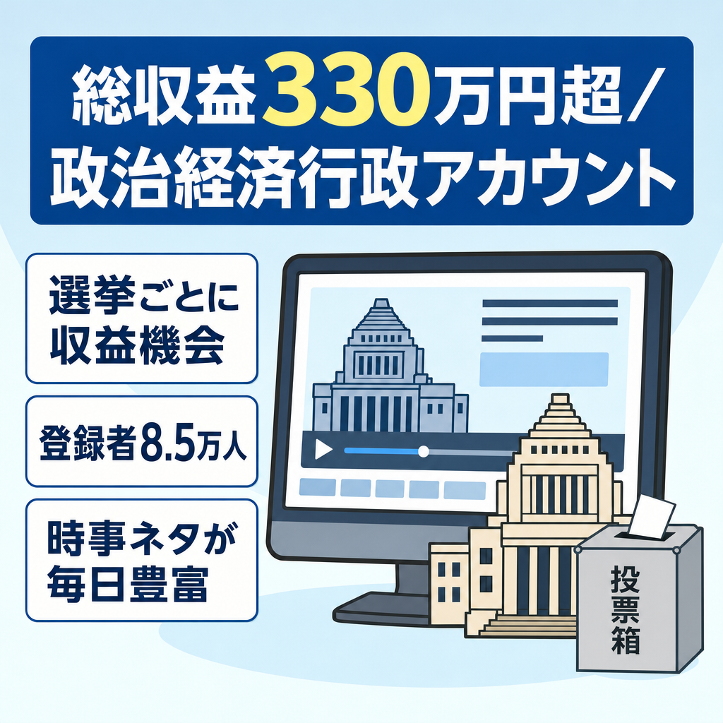 総収益330万円以上：選挙のタイミングで収益向上・８．５万人大型政治経済行政ジャンルアカウント