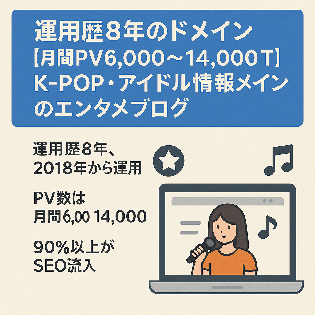 運用歴8年のドメイン【月間PV6,000-14,000】K-POP・アイドル情報メインのエンタメブログ