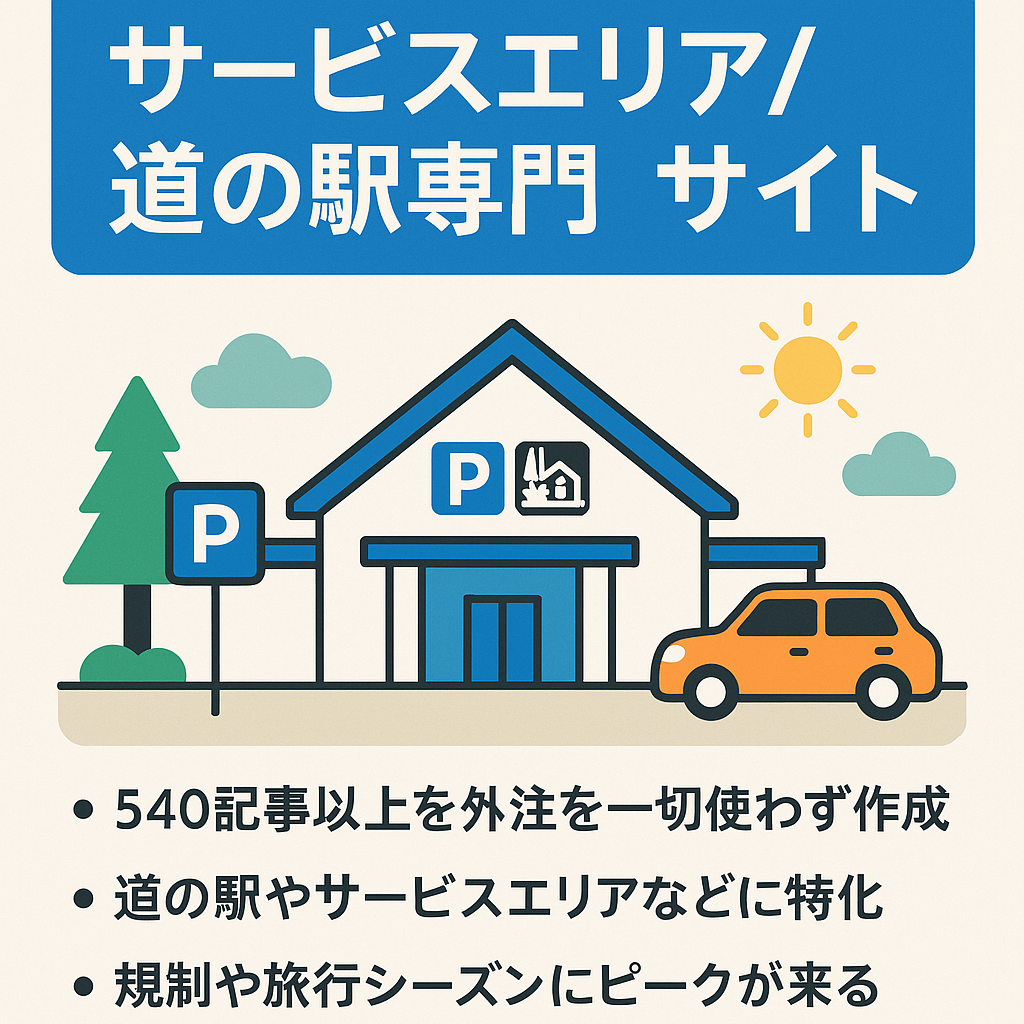 サービスエリア/道の駅の専門サイト/新規ドメインから9年運営で540記事以上/大規模ロングテール/SEO特化