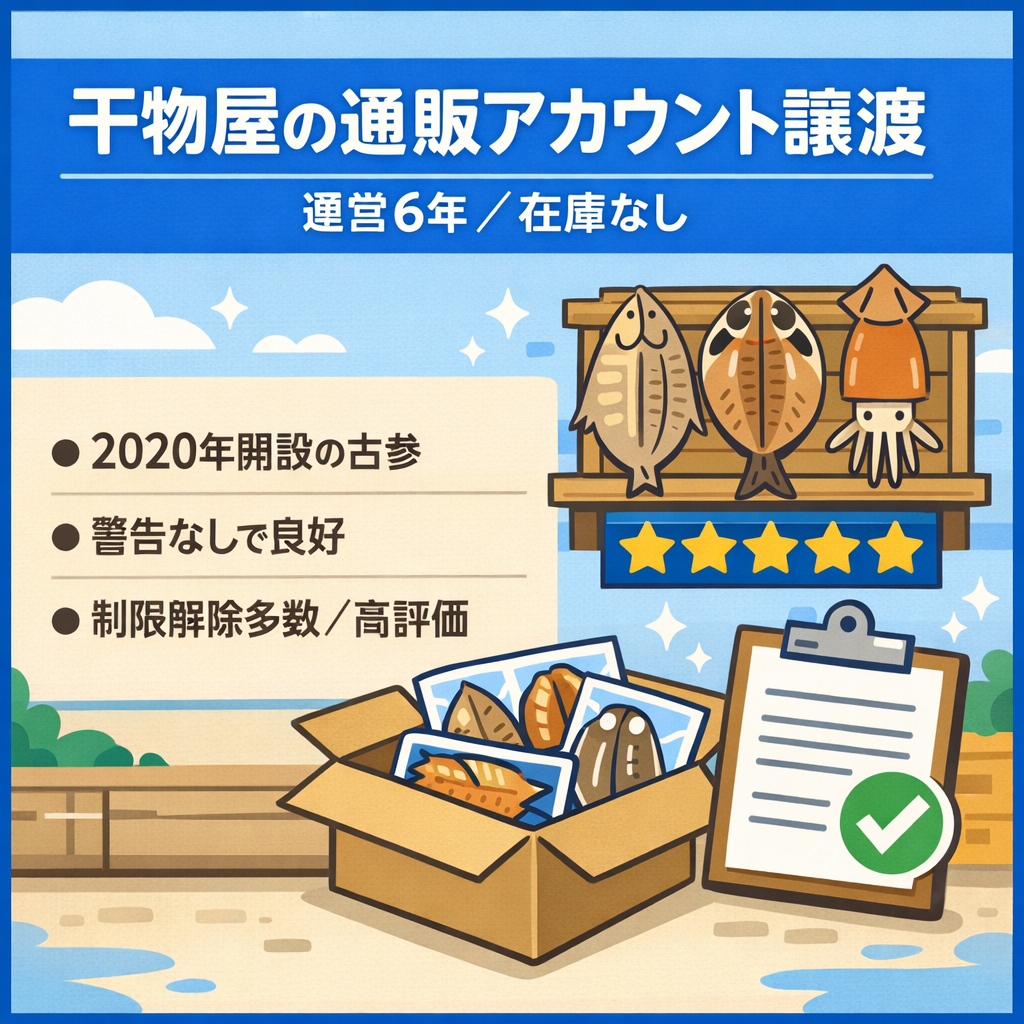 EC事業：【創業100年干物屋　運営6年目】2020年開設のAmazon譲渡（在庫なし・高評価・販売制限解除多数）