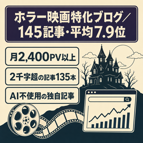 【月2,400PV以上】ホラー映画特化ブログ｜145記事｜平均検索順位7.9位
