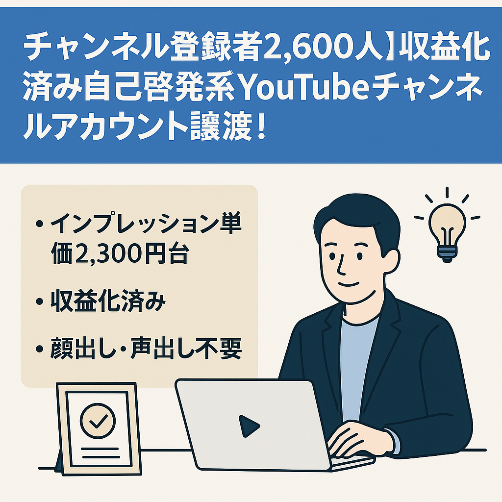 【チャンネル登録者2,600人】収益化済み自己啓発系YouTubeチャンネルアカウント譲渡！【属人性なし】
