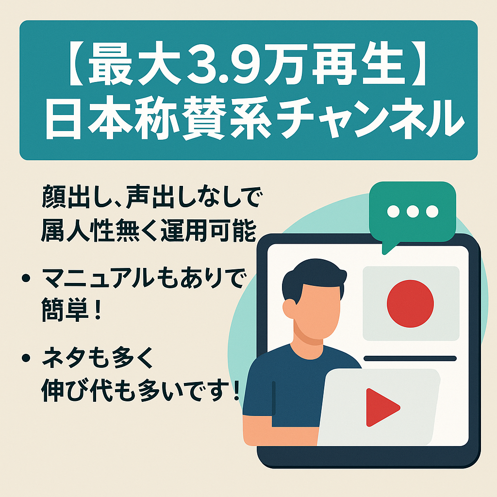 【最大3.9万再生・属人性無し・マニュアルあり】日本称賛系チャンネル【ネタが多く運営も楽です】