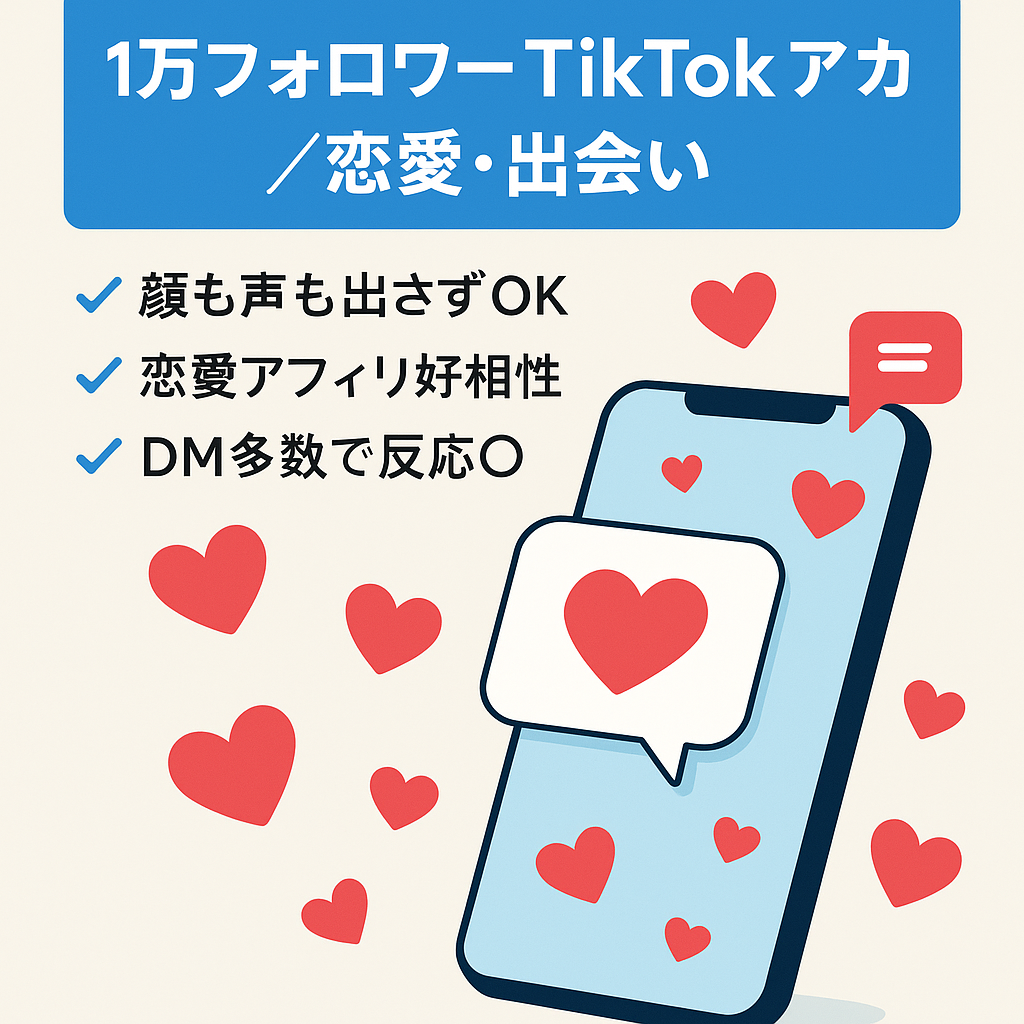 【TikTokアカウント フォロワー1万人】恋愛系・出会い【顔・声だしなし】【アフィリエイト伸び代◎】
