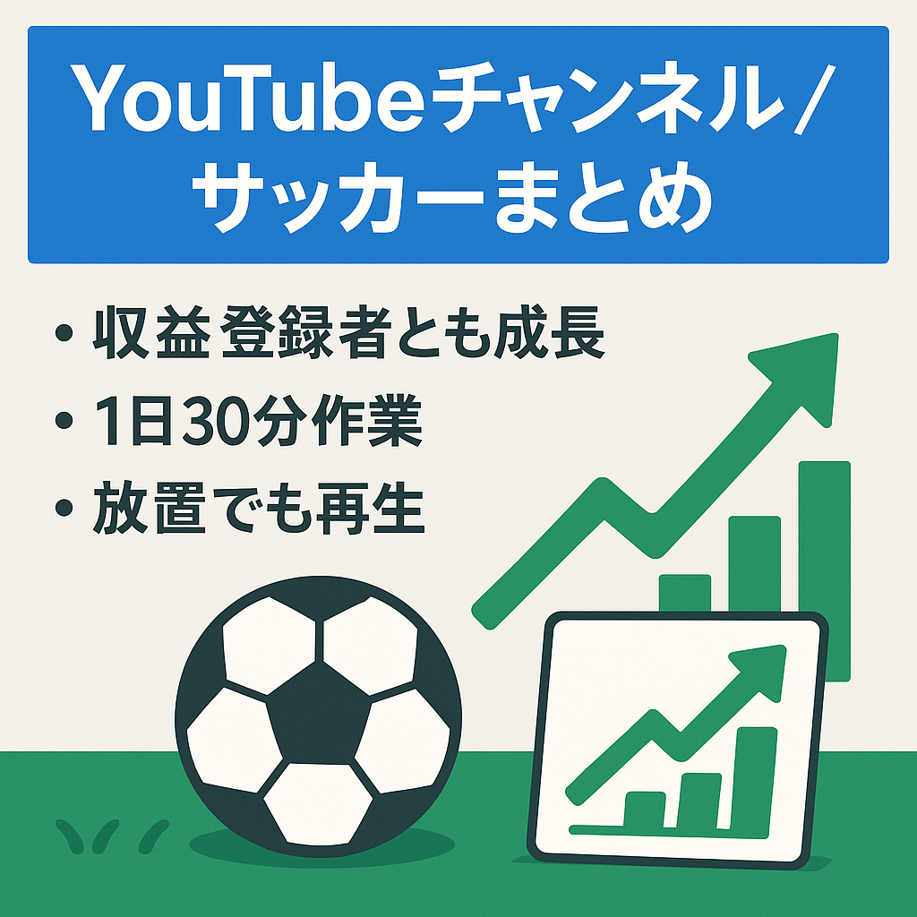 【Youtubeチャンネル】属人性なし！1日30分〜1時間程度で収益1万円/月を達成！収益も登録者数も伸びてて今後も収益性が期待できるサッカーまとめチャンネル！