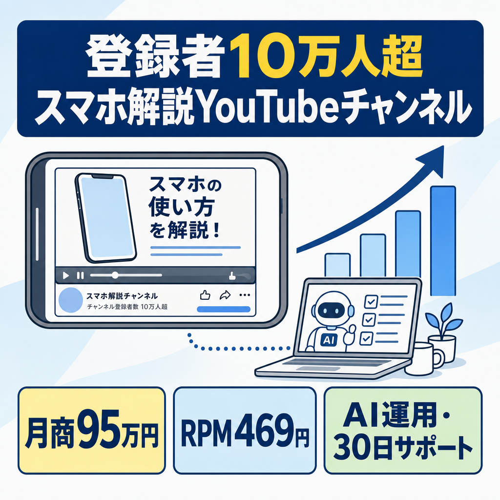 【値下げ・早期成約優先】登録者10万人超・月商95万円のスマホ解説YouTube｜非属人・AI運用・マニュアル&30日サポート付