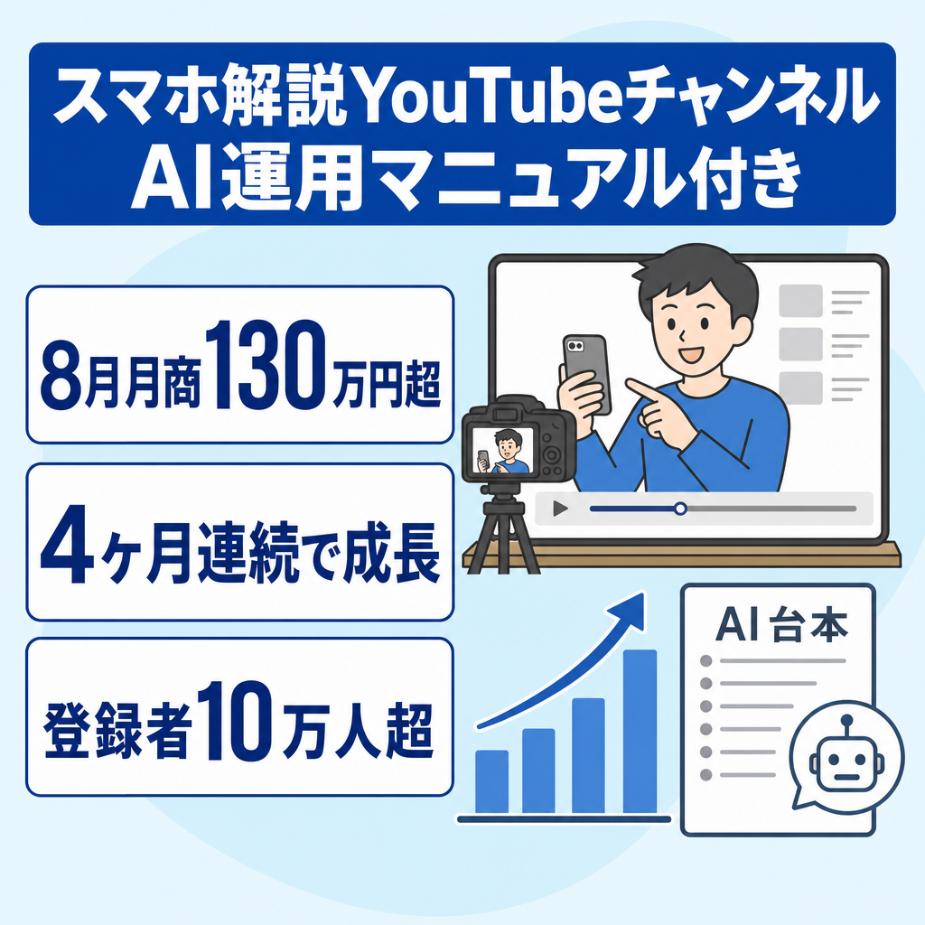 【8月は月商130万円超・4ヶ月連続成長】登録者10万人超の非属人スマホ解説YouTube｜598万・AI運用マニュアル&30日サポート付