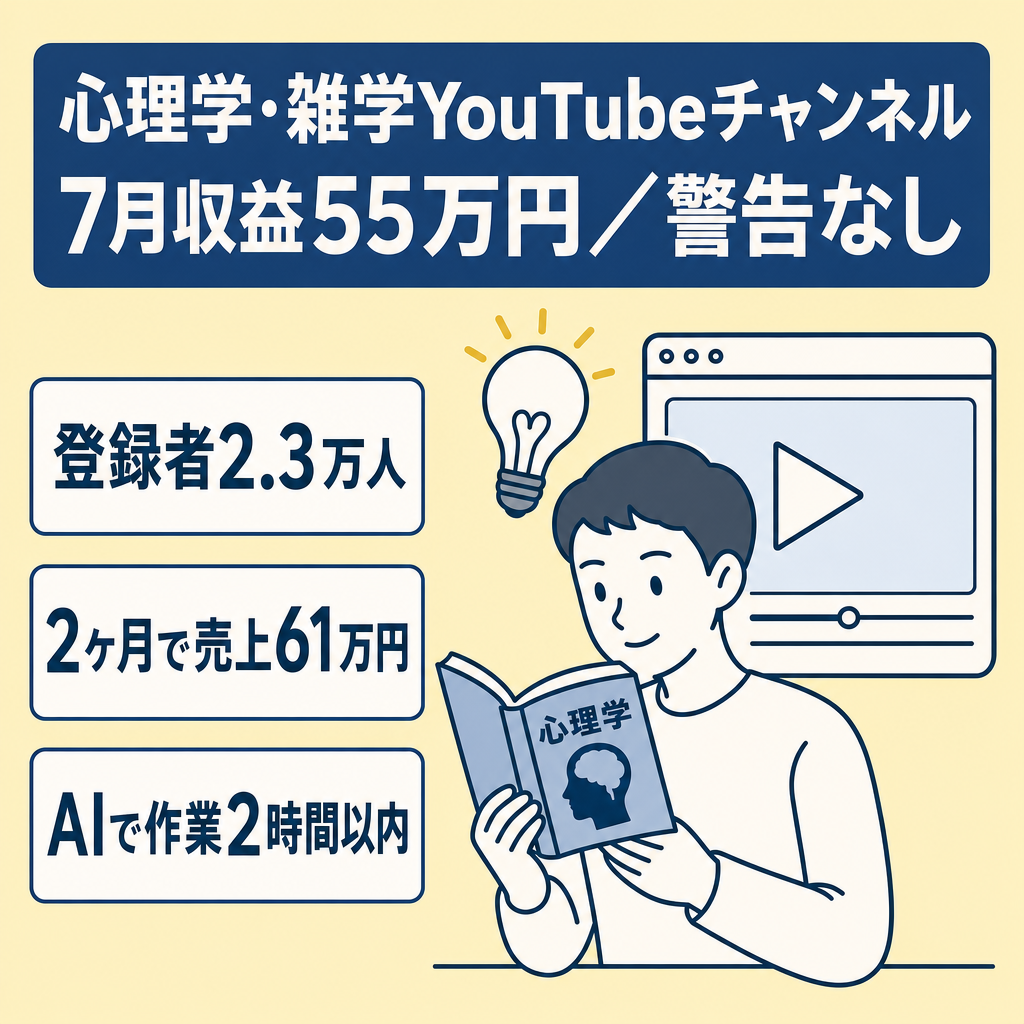 【登録者2.3万人 / 7月収益55万円】心理学/雑学系 長尺YouTubeチャンネル譲渡｜RPM500円超の高単価／非属人・ペナルティなし・運営マニュアル付
