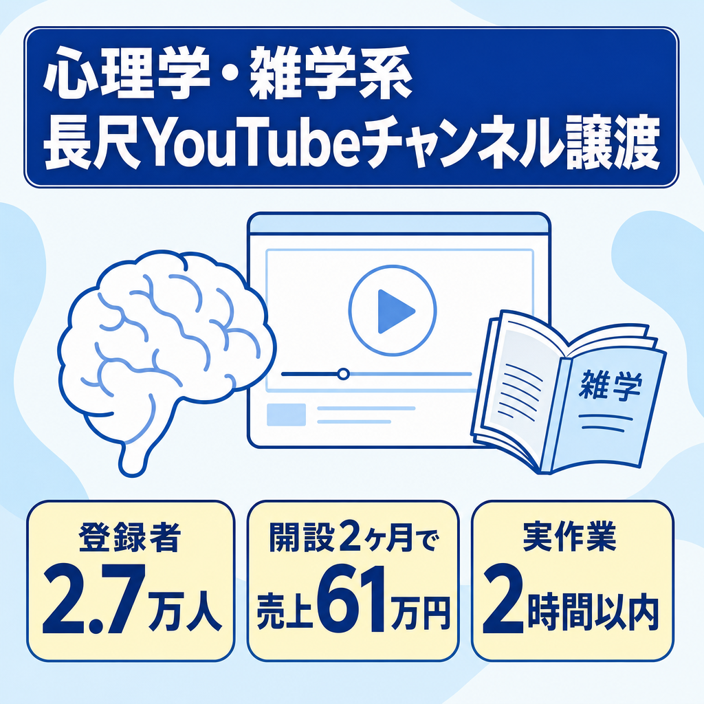 【登録者2.7万人 / 7月収益55万円】心理学/雑学系 長尺YouTubeチャンネル譲渡｜RPM500円超の高単価／非属人・ペナルティなし・運営マニュアル付