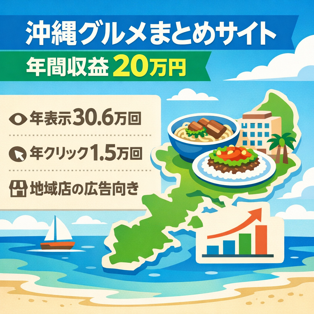 ＊年間収益20万円＊沖縄特化のグルメサイト！年間表示30.6万・クリック1.5万の実績！