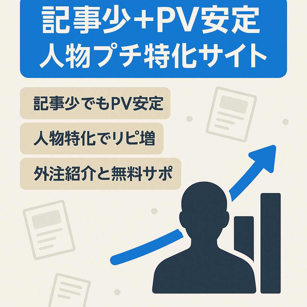 【収益右肩上がり！】記事数少なめでも安定したPV数の人物系プチ特化サイト※外注１名紹介可＋無料サポート付