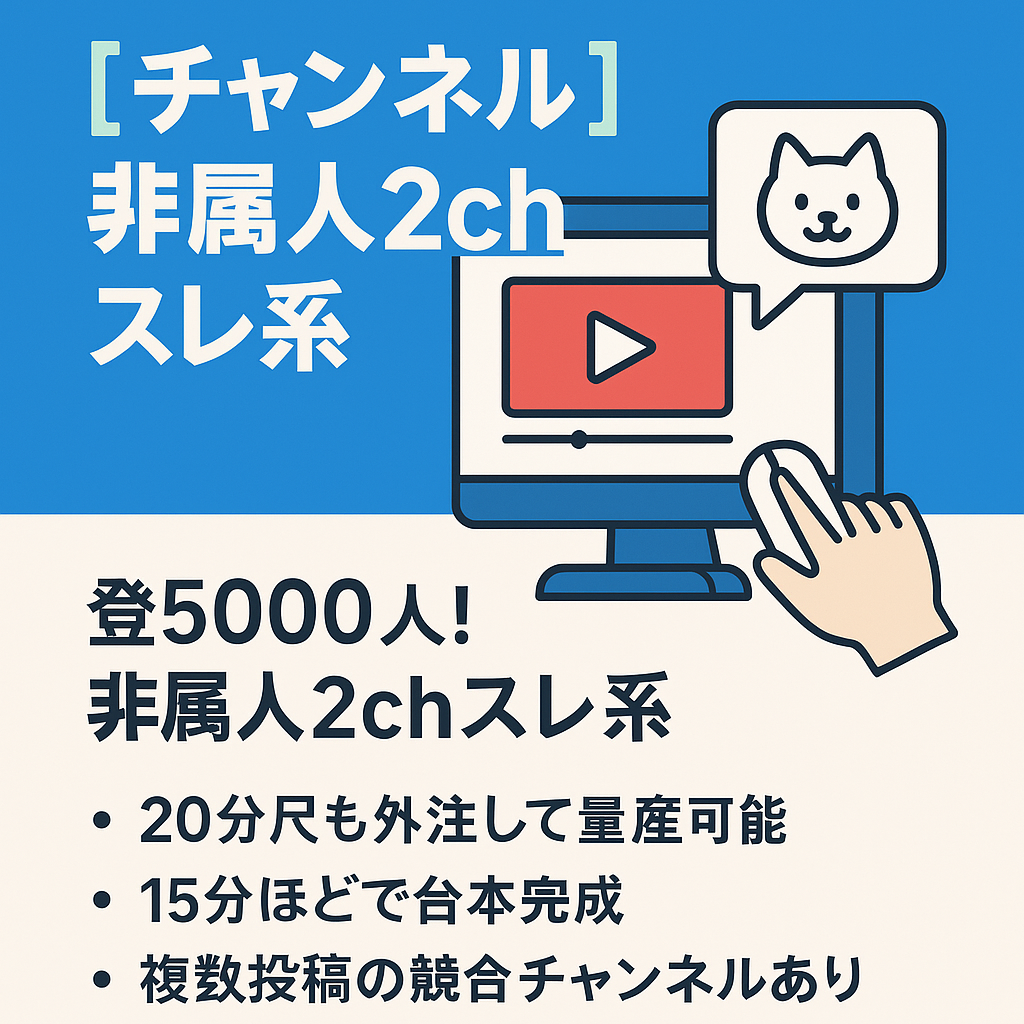 登録者4500人！非属人2chスレ系の動画を投稿しているチャンネル！外注利用なしで全てご自身で完結できるので副業勢にもおすすめ！