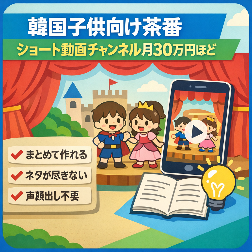 ショート動画主体の韓国の子供向け茶番動画チャンネル月３０万円ほど