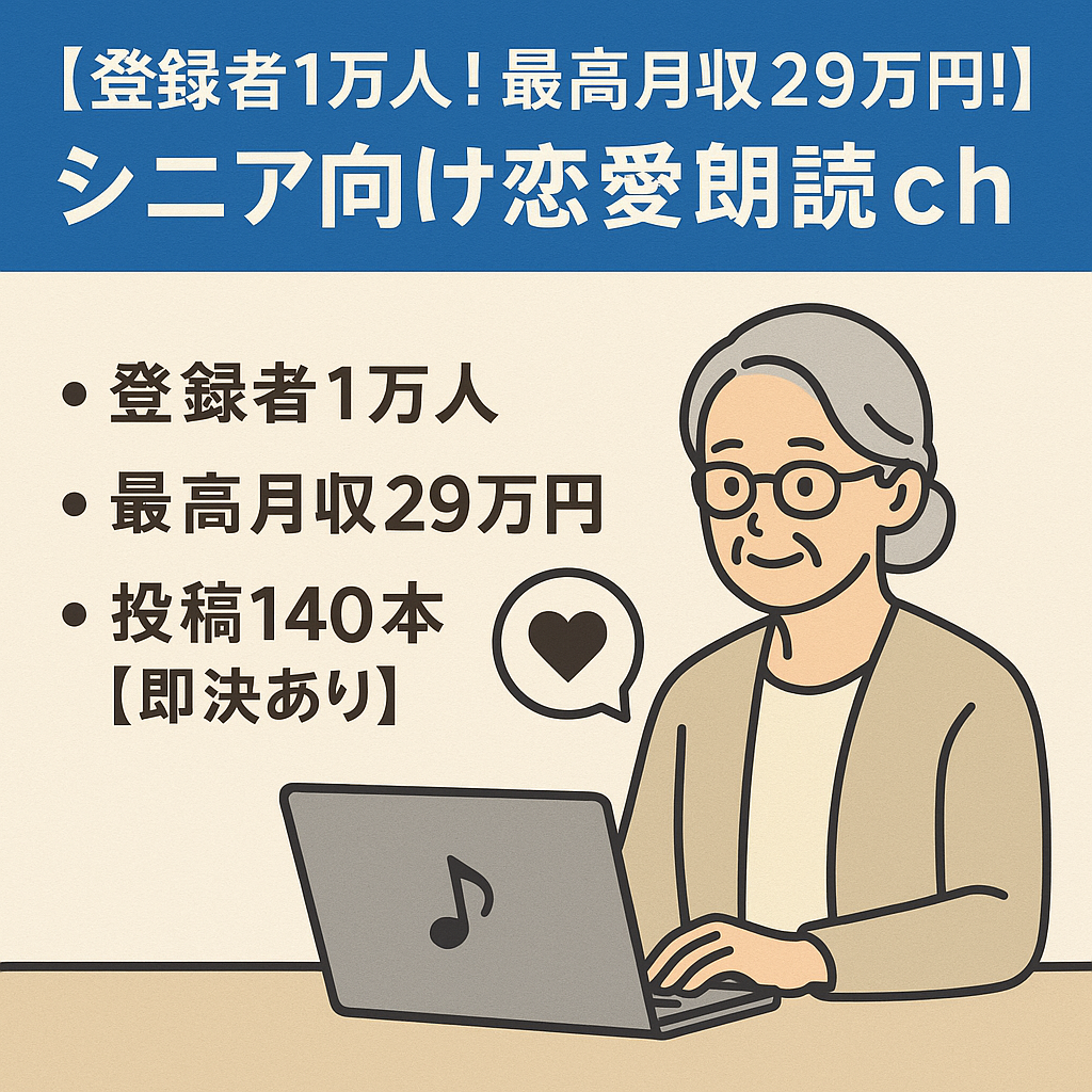 【登録者1万人！最高月収29万円！】｜シニア向け恋愛朗読ch｜AIで作業｜広告収入×アフィリ展開で伸びしろ◎【即決あり】