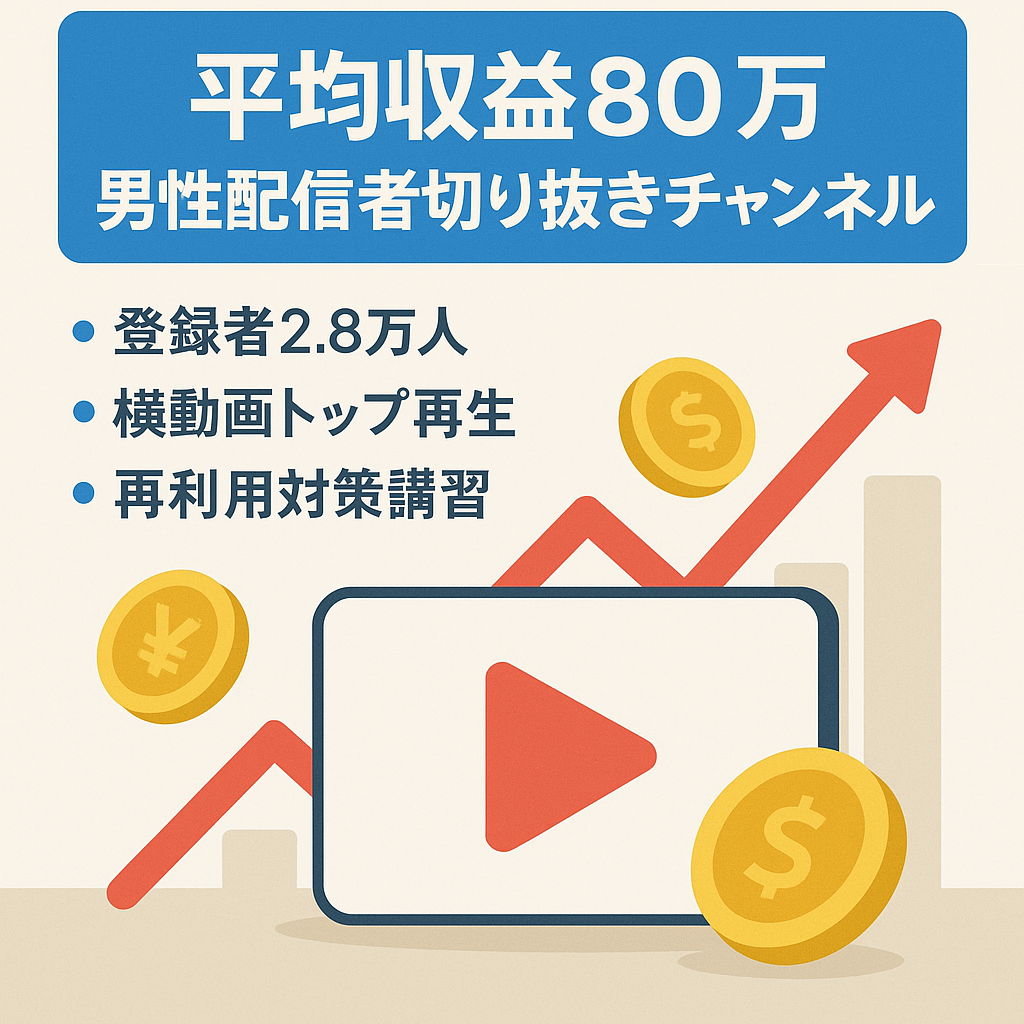 直近3ヶ月の平均収益80万円、登録者2.8万人、某大人気男性インフルエンサーの切り抜きCH。