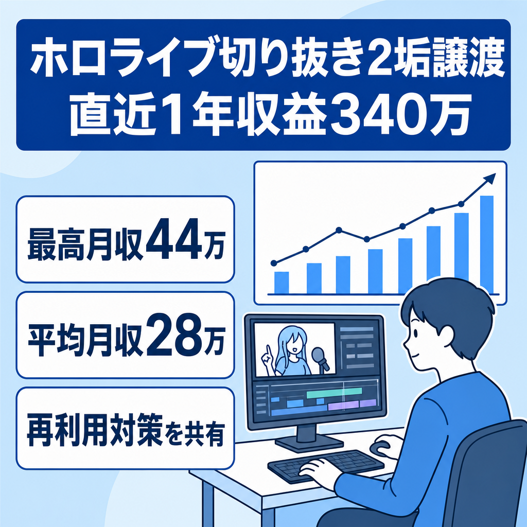 まもなく掲載終了予定、1垢のみの買取も受付！【最高月収44万/平均28万】ホロライブ Vtuber切り抜き2垢お渡し  現在投稿中【直近1年で収益340万】