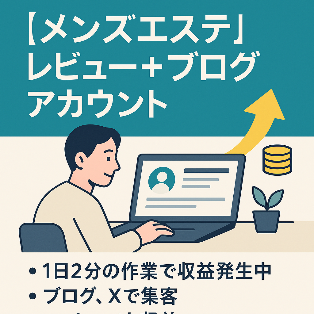 某大手ブログ販売社アカウント　開始二ヶ月売り上げ約55万円達成　メンズエステレビュー＋月3万円見込みcodocアカウント＋月5000pv見込みブログアカウント＋Xアカウント