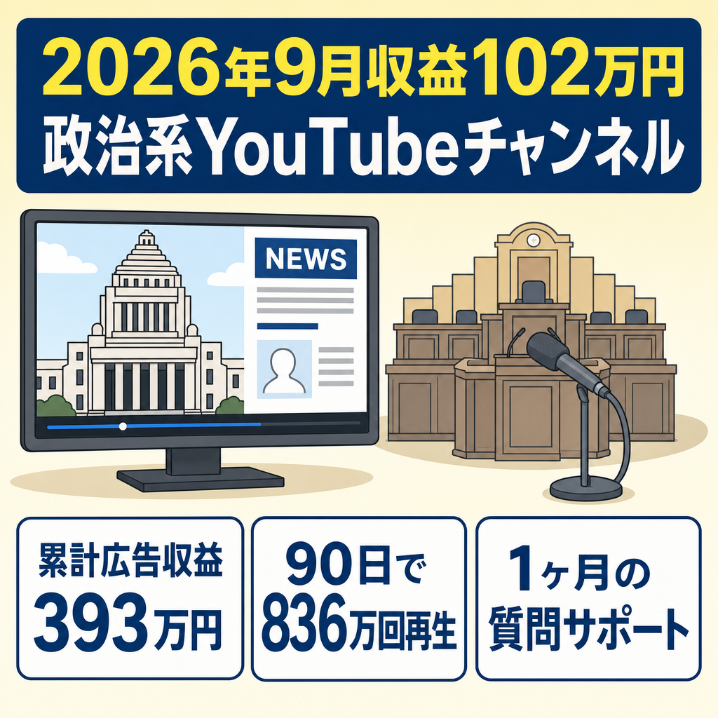【2026年9月実績 月収益102万円】政治ニュース解説×切り抜きのYouTubeチャンネル