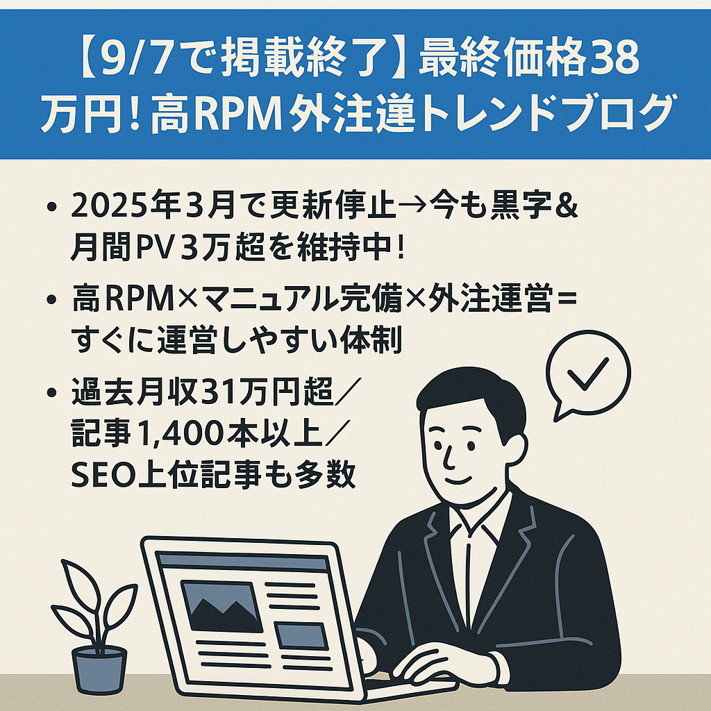 【9/7で掲載終了】最終価格38万円！高RPM×外注運営トレンドブログ｜1400記事超・黒字継続中・再現性◎