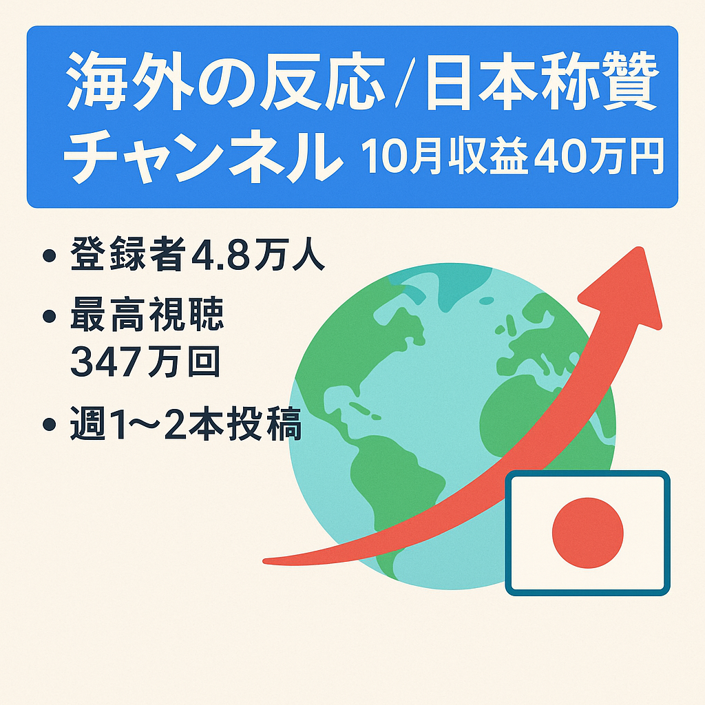 【10月収益40万円】登録者数4.8万人　トレンドの海外の反応・日本称賛系チャンネル【週1～2本投稿】(訳アリ)