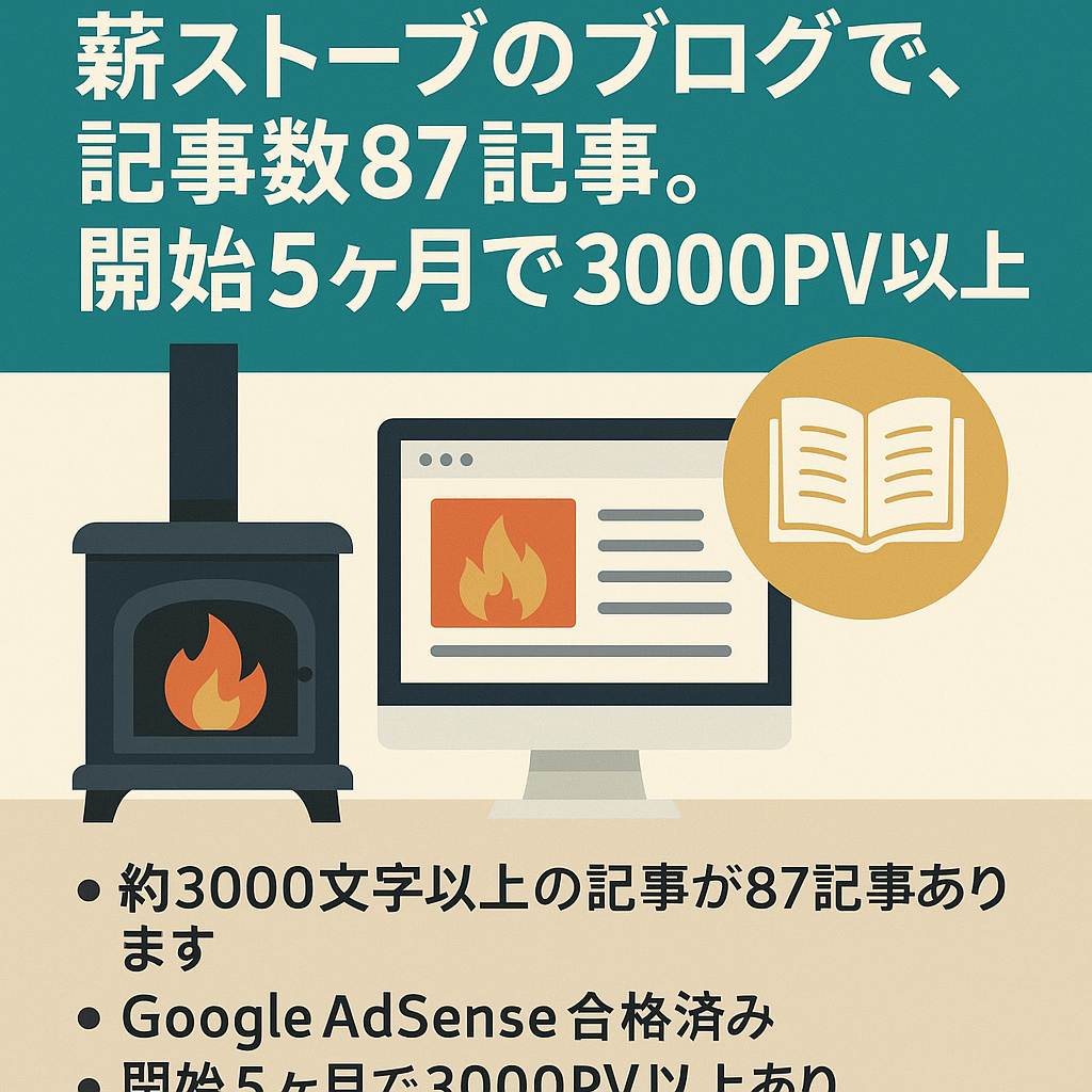 薪ストーブのブログで、記事数が87記事。開始５ヶ月で3000PV以上あり。