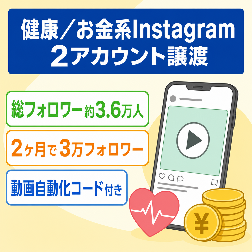健康・お金系Instagramメディア2アカウント譲渡｜総フォロワー約3.6万人｜非属人AI動画自動生成パイプライン付き