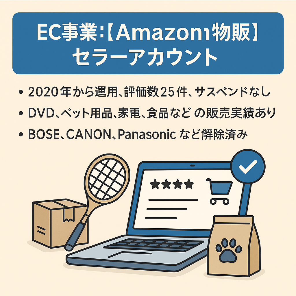 EC事業：Amazon物販セラーアカウント 高評価で使いやすいアカウント規制解除多数あり 雑貨、スポーツ用品、ペット用品など取扱実績あり