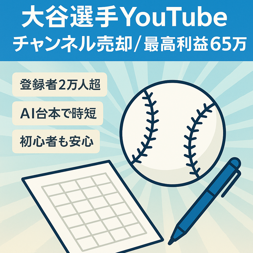 【最高利益65万円/登録者2万人以上】購入後も安心サポート！人気の大谷翔平選手YouTubeチャンネル！【顔出し・属人性なし】