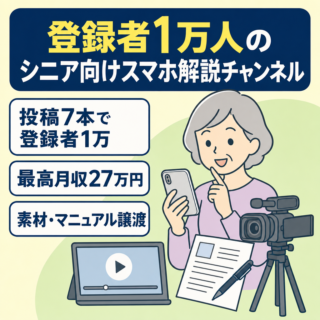 【登録者1万人以上】シニア向けスマホ解説チャンネル/最高月収27万/引き継ぎマニュアル有り【非属人で運用ラクラク】