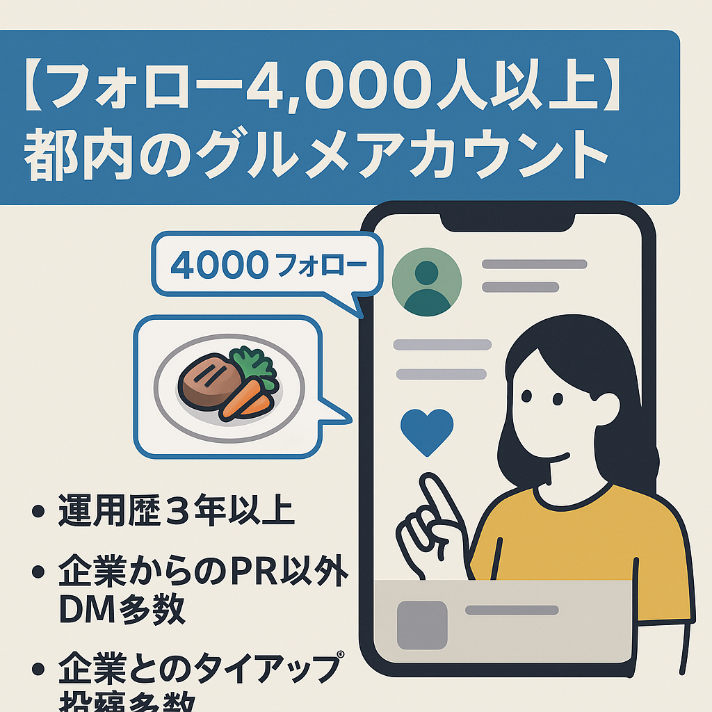 【フォロー4,000人以上】都内のグルメアカウント！飲食店様からのPR案件多数！15,000円/人以上のコース料理などの案件を受けてます！