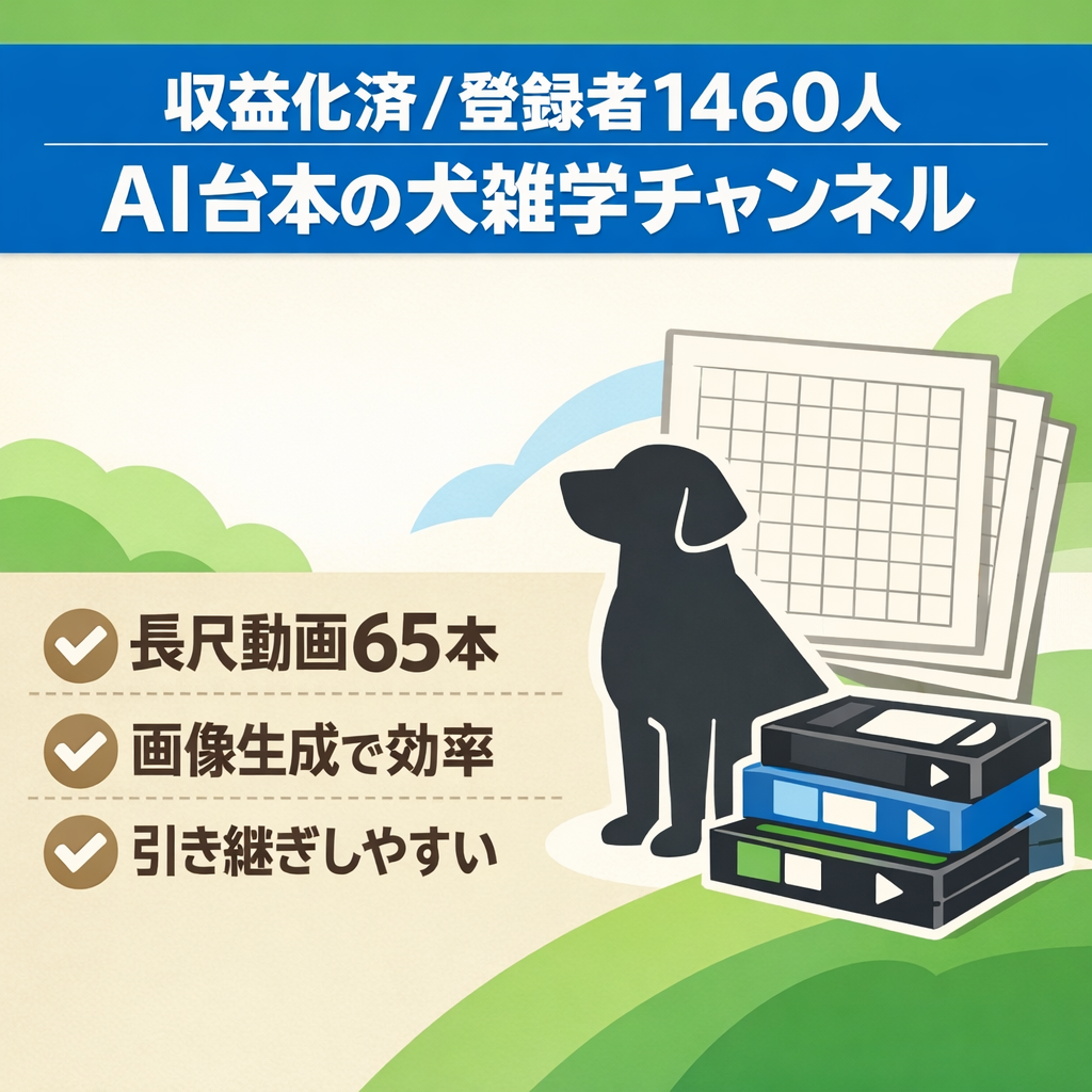 【収益化済/登録者数1460人】AI台本による犬の雑学チャンネル【長尺動画65本】