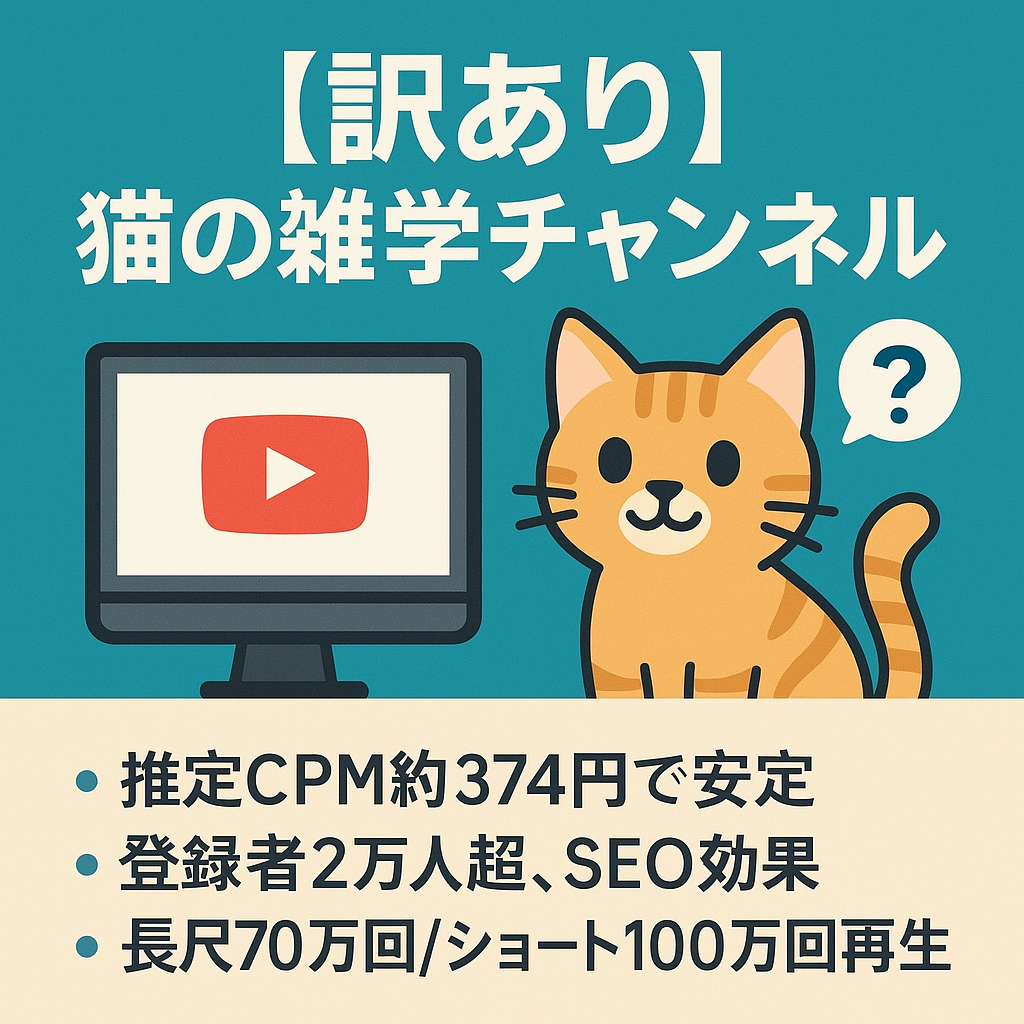 【訳あり】登録者数2万人超え/人気ジャンル！猫の雑学チャンネル：SEO強化＆安定収益で今後も稼げる！成長も見込めます！