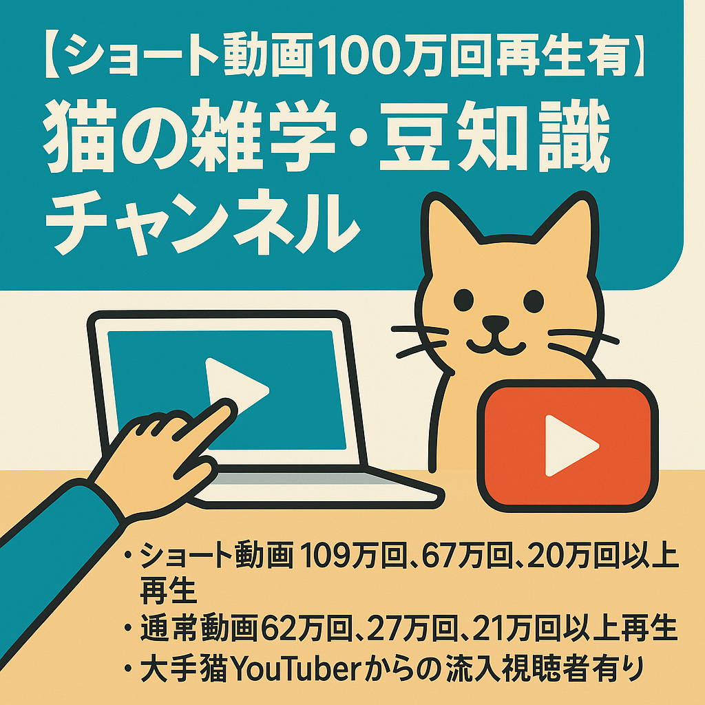 【ショート動画100万回.通常動画60万回以上再生の動画有り】ペット(猫)に関する雑学・豆知識チャンネル/最高月収10万円／YouTube開始4ヶ月で収益化達成