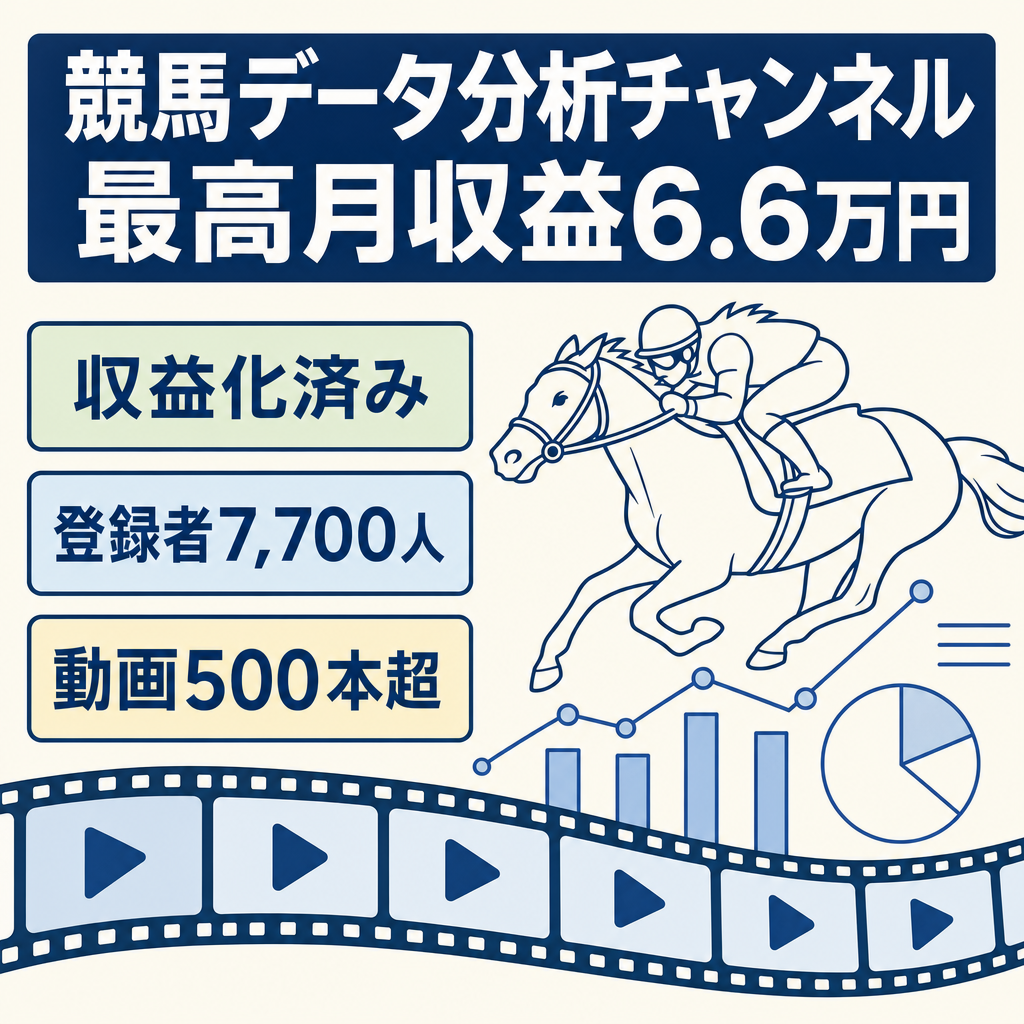 【収益化済】登録者7700人/月最高収益6.6万円/動画500本/競馬データ分析チャンネル