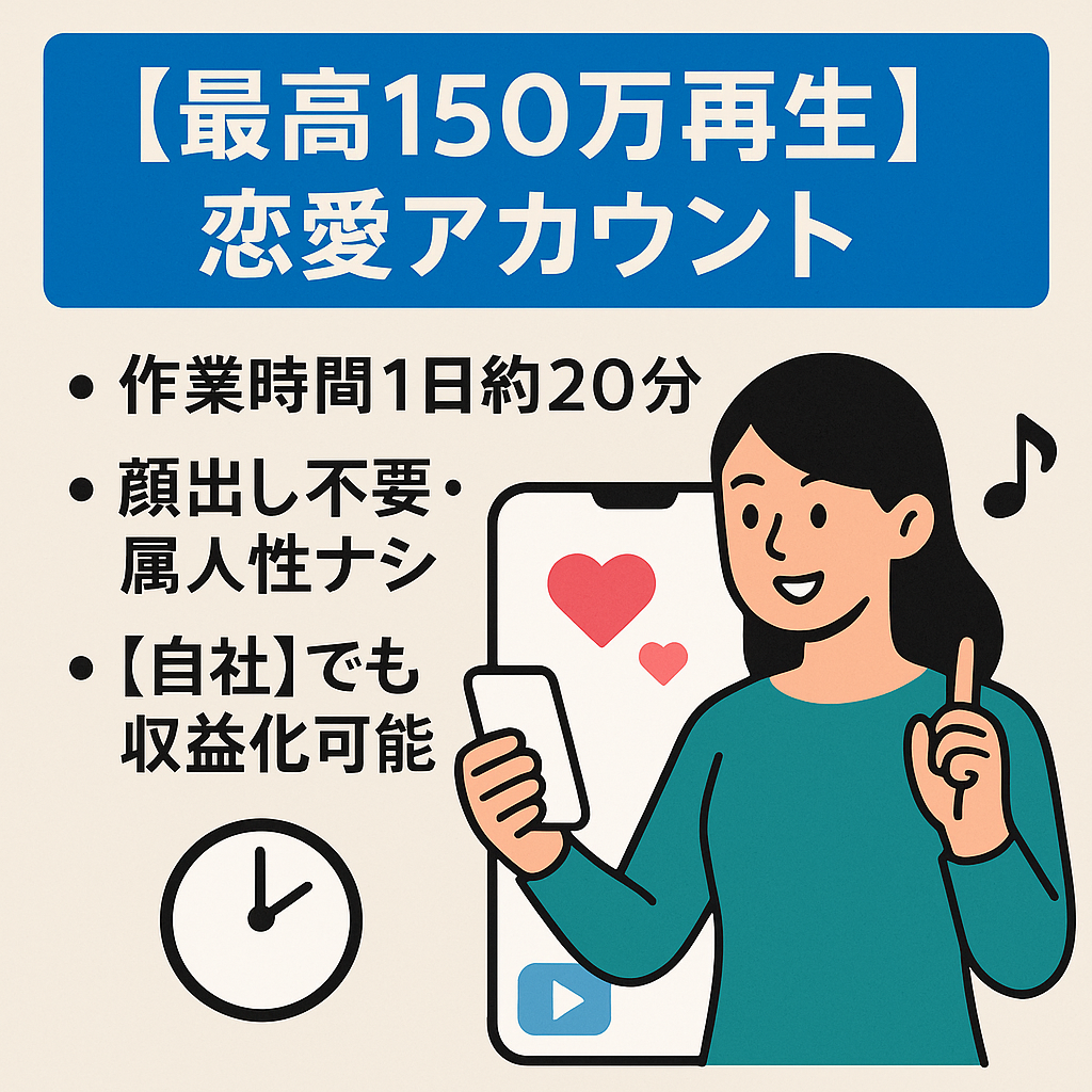 【最高150万再生&TikTokフォロワー約2万！】1日20分の作業でOK！／属人性ナシ恋愛アカウント