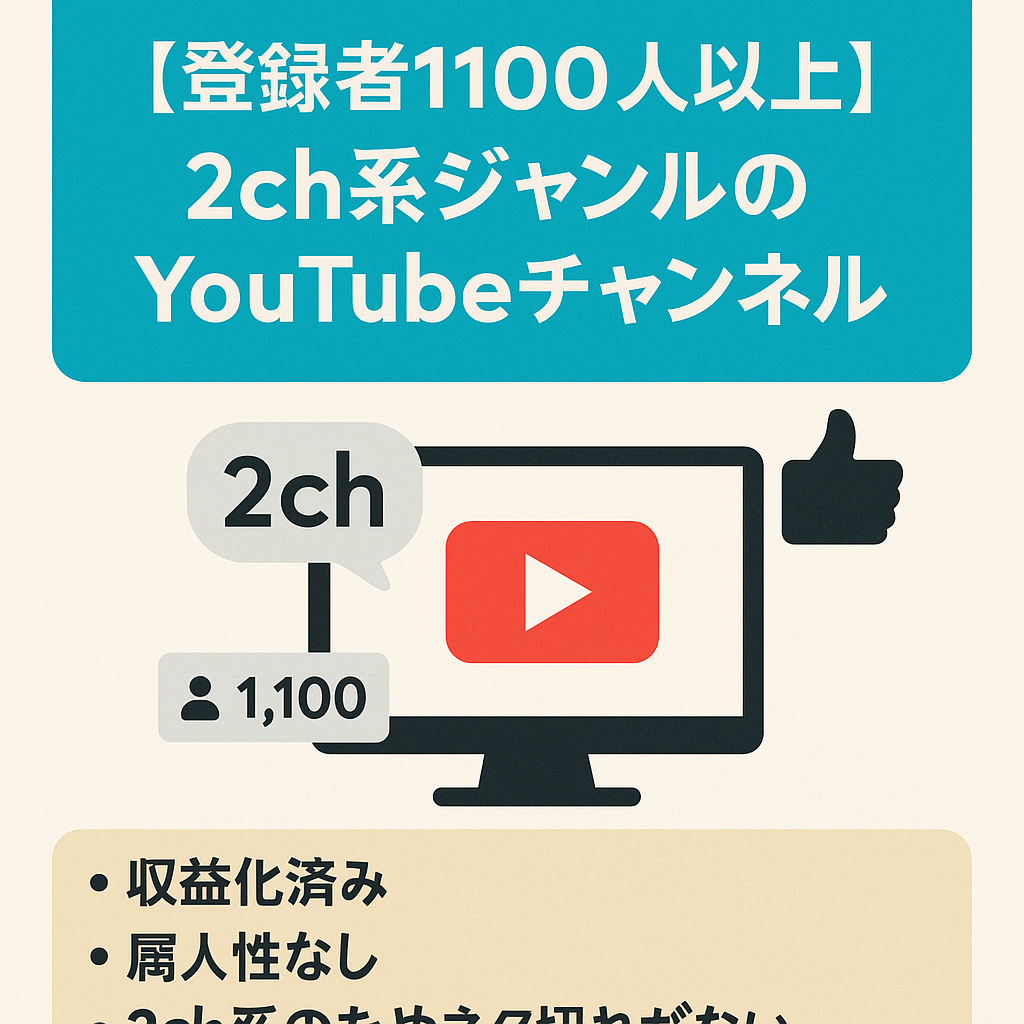 【登録者1100人以上・属人性なし・収益化済】2ch系ジャンルの話YouTubeチャンネル