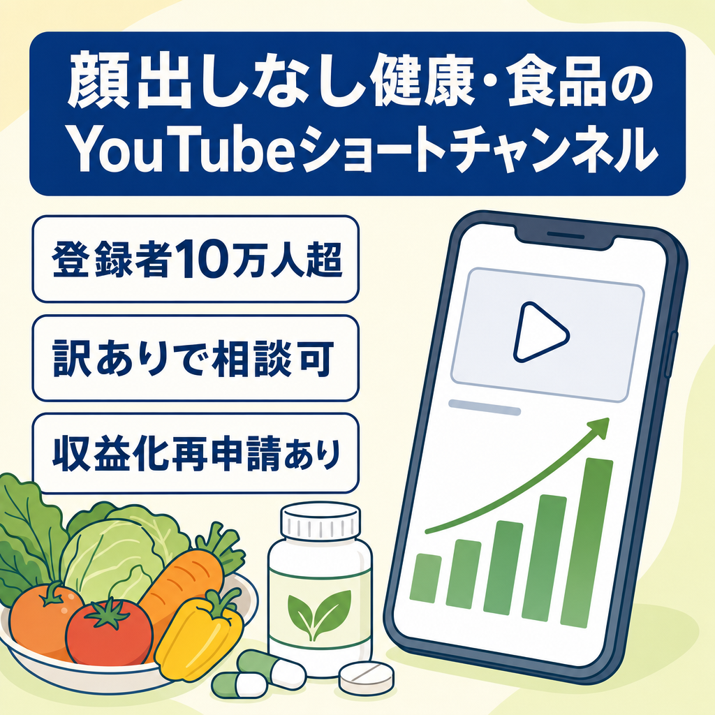 【訳あり】【登録者10万人以上】顔出しなしYouTubeショートチャンネル｜健康・食品系｜収益化再申請日あり