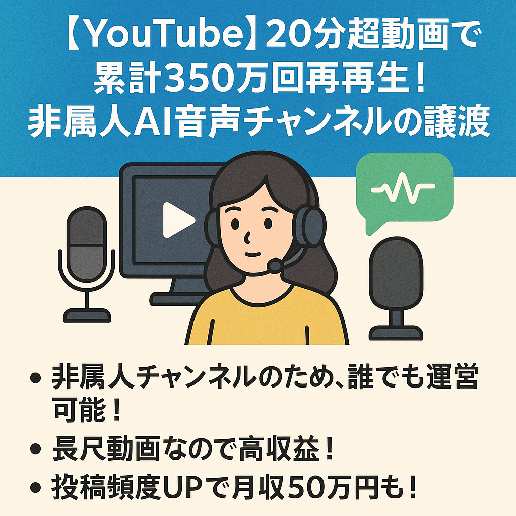 【YouTube】20分超動画で累計350万回再生！非属人AI音声の高収益チャンネルの譲渡（ガールズちゃんねる系）