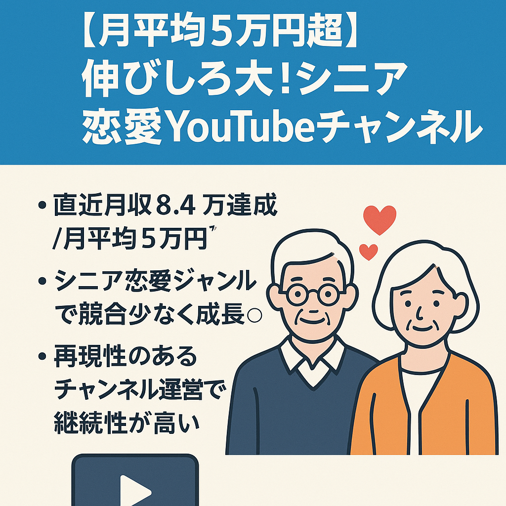 【月平均5万円超】伸びしろ大！シニア恋愛特化YouTubeチャンネル｜収益化済＆動画71本