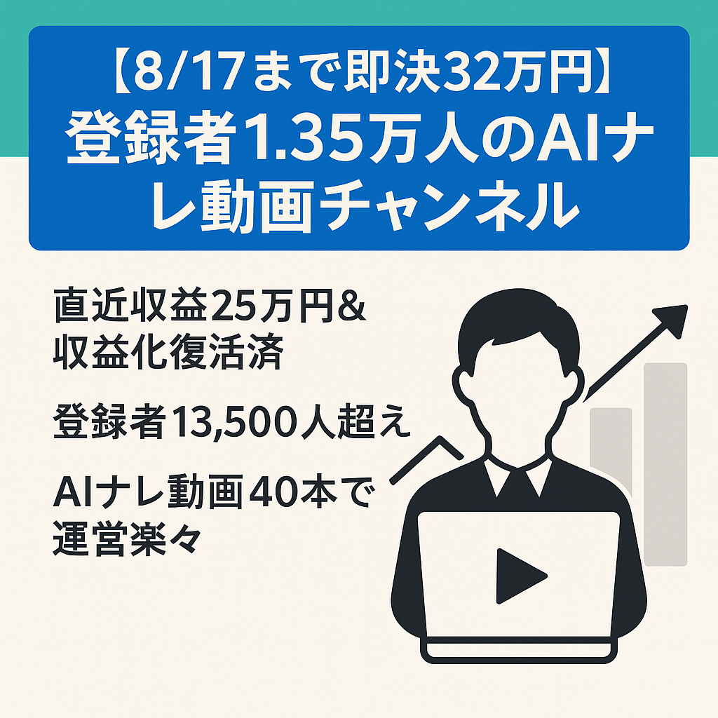 【8/17まで即決32万円】収益化復活＆直近収益25万円｜登録1.35万人＆AIナレ40本