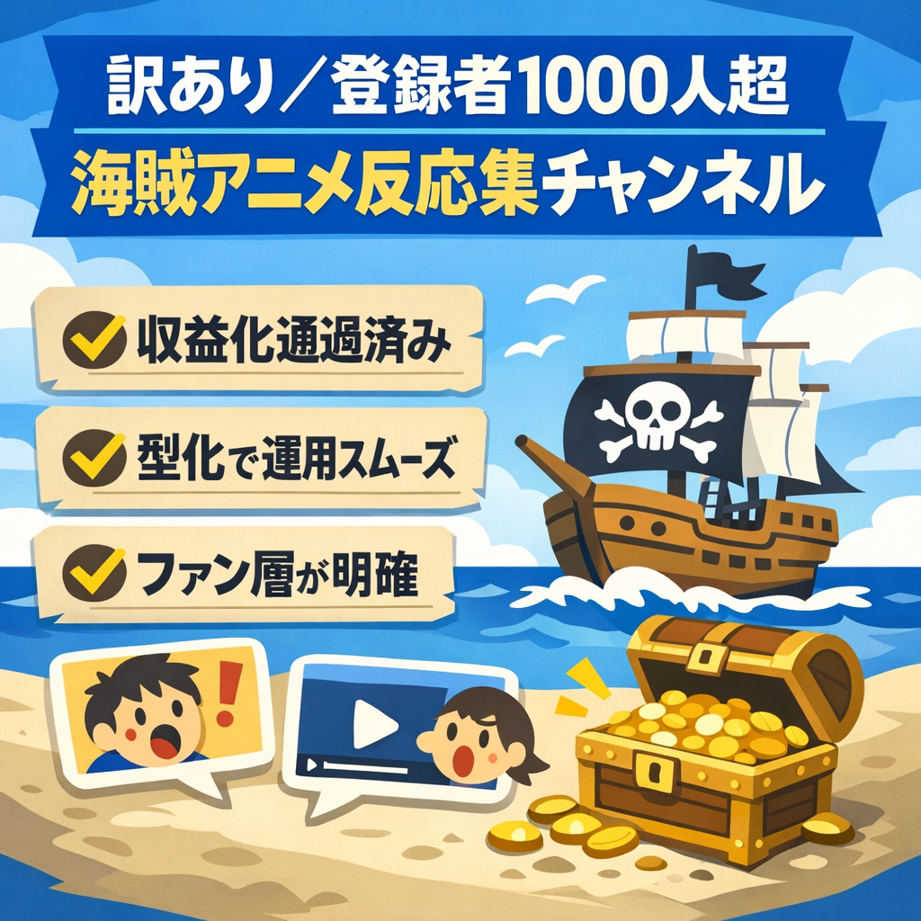 訳あり：【登録者1000人超】海賊アニメ反応集チャンネル（収益化実績あり・ジャンル特化）